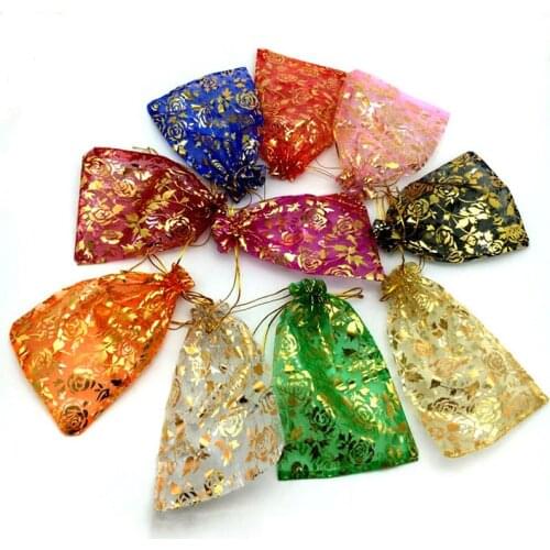 100Pcs 7x9/9x12cm Love Heart Rose Printing Organza Bag Wedding Gift Packaging Jewelry Pouch Packing Bags Christmas Candy Bag W14