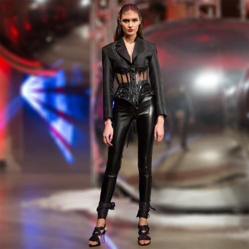 2020 Fall New Cardi B Outfit Plunge V Neck Open Slits Sleeves Back Zipper Leather Lace Up Blazer Dress in Black