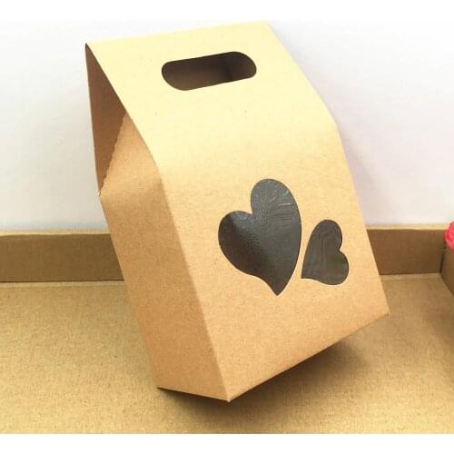 50Pcs Craft Paper Bags With Transparent Heart Food Eco-friendly Paper Food Present Bag Kitchen Storage Option Bags 10*6*16cm
