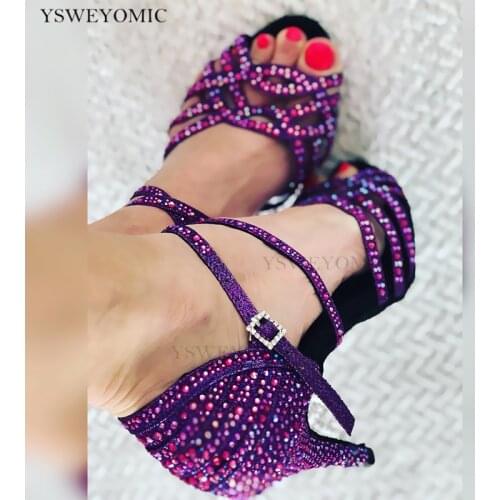 Shiny Black Purple Latin Dance Shoes Women Popular High Heel Tango Salsa Rumba Bachata Latin Sandal Dancing Shoes For Girls
