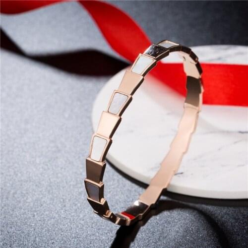 Serpentine Segment White Shell Patch Rose Gold Stainless Steel Bangle Bracelet Luxury White Shell Rose Gold Bangles Bracelets