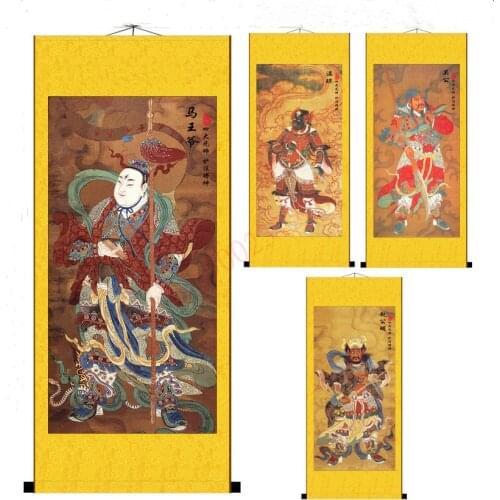 Taoism four Dharma protectors, Portraits of the gods of Ma Wangye, Zhao Gongming, Guan Gong and Wen Qiong, Silk scroll painting