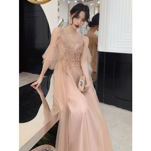 Elegant 2021 Champagne Evening Dresses Long Sleeve Appliques Beaded Prom Gown Long Tulle Evening Party Dress for Women
