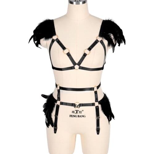 2 Piece Set Sexy Feather Spandex Lingerie Body Harness Suspenders Bra Erotic Underwear Women Goth Cage Garter Belt Festival Rave