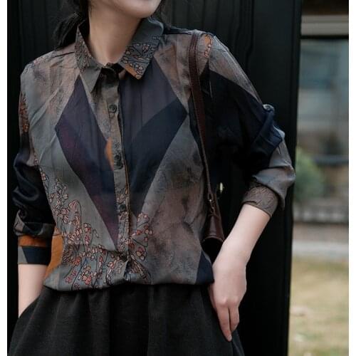 NINI WONDERLAND 2021 Spring Thin Print Vintage Shirts Women Loose Long Sleeve Chiffon Blouse Summer Female printing Casual Tops