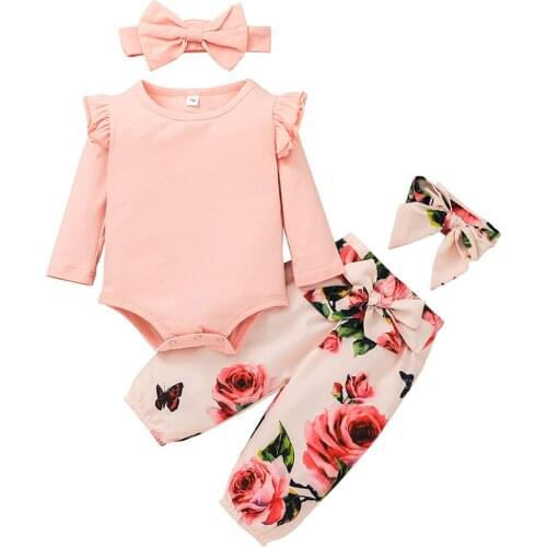 New Baby Girls 4Pcs Fall Outfits, Long Sleeve Solid Color Ruffle Romper + Floral Pants + Headbands Set