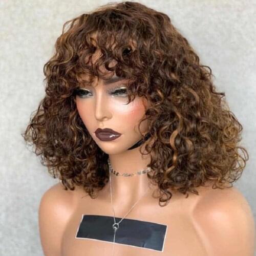 Brown Color Brazilian Remy Curly Hair Wig With Bangs 180% Density Deep Wave Glueless Human Hair Wigs For Black Women No Lace Wig