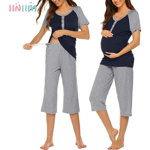 Pregnant Women Pajama Maternity Sleepwear 2Pcs Set Breastfeeding Tops Pant Outfits Nursing Nightwear Adjustable Pregnancy Pant