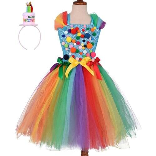 Rainbow Princess For Girls Tutu Dress Halloween Birthday Party Clothes Lollipop Flower Girl Dresses With Headband Costumes Kids