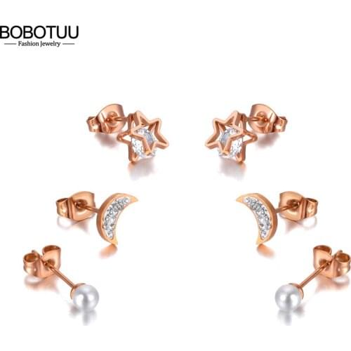 BOBOTUU Trendy Titanium Stainless Steel Star Moon Pearl Stud Earrings Jewelry 3Pair/Set Crystal Earrings For Women Girl BE20209