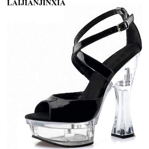 Novelty Ankle strap Hollow 6 inches Crystal Sandals 14 Cm High Heeled Shoes Women Sexy High Heels Platform Cross Dressing Shoes