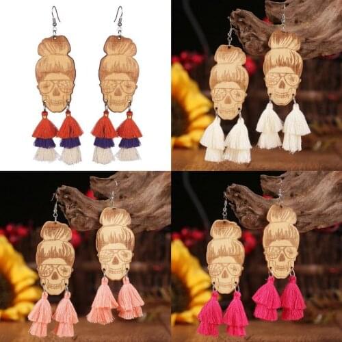 Double Layered Tassel Pendant Spider Cobweb Print Wood Face Earrings for Women 2021 New All Saints' Day Jewelry Free Shipping