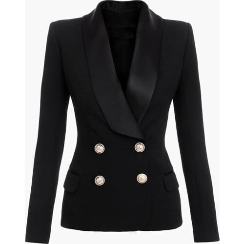 HIGH QUALITY 2021 Newest Fashion Designer Jacket Womens Slim Fitting Satin Shawl Collar Double Breasted Lion Buttons Blazer