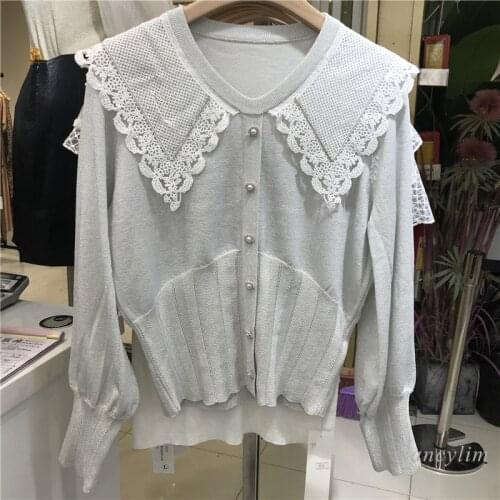 Lace Patch Doll Large Lapel Collar Sweater Women 2021 Autumn Diamond Beaded Slim Knitted Top Pull Femme Nancylim