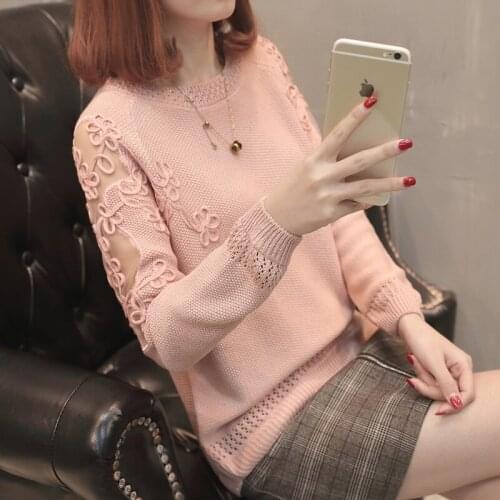 Thin Hollow Out Lace Knitting Sweater Women O-Neck Long sleeve Jumpers Ladies Loose Casual Tops 6 Color Pullover Female Knitwear