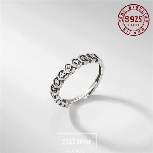 Women Ring Real 925 Sterling Silver Chinese Words Gather Wealth Ring for Women Retro Resizable Silver Jewelry Accessories