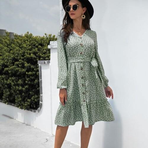 Casual Long Sleeve Polka Dot Print Dress Woman Autumn Fashion V-neck Button Dresses Women 2021 Black Ruffles Lace Up Robe Femme