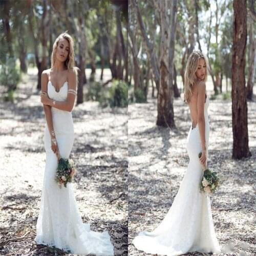 Sexy Backless Mermaid Wedding Dresses Spaghetti Strap Full Lace Wedding Dress Cheap Sweep Low Back Boho White Bridal Gowns