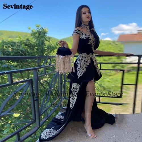Sevintage Mermaid Velvet Arabic Evening Dress Removable Short Skirt High Split Woman Pageant Gowns Appliques Lace Prom Dresses