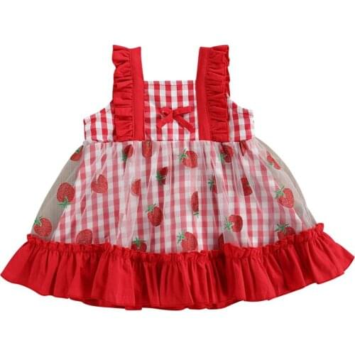 2021 Cute Baby Girls Square Collar Dress with Bow-knot Plaid Strawberry Print Sleeveless Sundress for Summer Casual Clothing