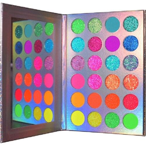 24 Colors Neon Eyeshadow Palette Glow in the Dark Paint Pigmented Fluorescent Matte Glitter Luminous Eye Shadow MPwell