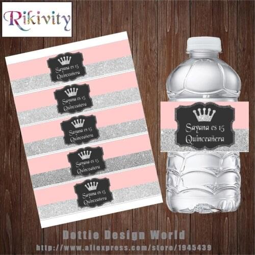 20Pcs Silver Crown Pink Water Bottle Wine Labels Candy Bar Wrapper Princess Baby Shower Birthday Party Decoration Free Shipping