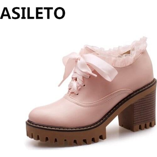 ASILETO 2021 Cute Princess Lady Pumps College Ribbons Lace Up Round Toe Platforms 8CM Chunky Heel US12 Black Beige Pink A4401