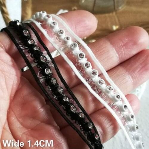 1.4CM Wide White Black Beads Cotton Ribbon Glitter Rhinestones Lace Collar Applique Edge Trim Wedding Dress Apparel Sewing Decor