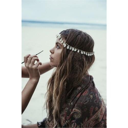 Gypsy Summer Beach color Golden Metal head chain Hairband Indian shell tassels Headband Wedding Women hair jewelry Accessories