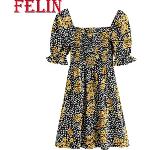 FELIN ZA 2021 Women New Summer Black Dress Square Collar Elastic Waist Floral Printed Mini Dress Vintage Mujer Vestidos