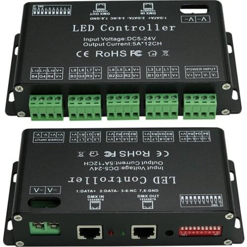 12 Channels DMX 512 RGB LED Strip Controller 5A*12CH ,DC5V-24V DMX Decoder Dimmer Driver Use for LED Strip Light