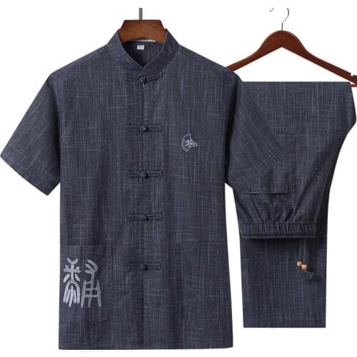 Embroidery Chinese Men Kung Fu Suit Cotton Linen Wu Shu Uniform Long Sleeve&PantsTai chi Set Plus Size 4XL dark grey