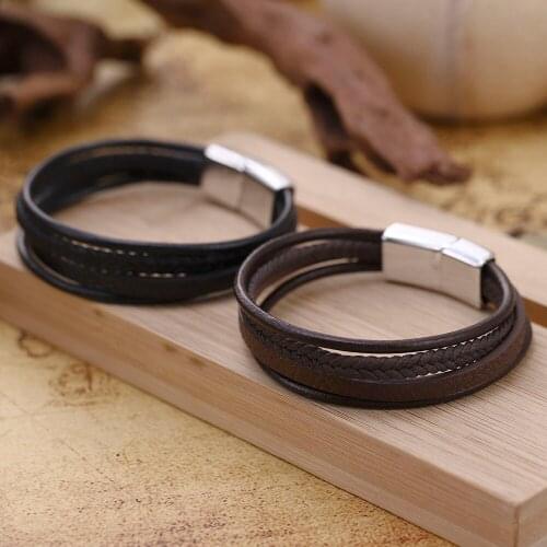 Punk Leather Bracelet Punk Street Shooting Goth Women Mens Black Steel Magnetic Clasp Bracelet Multilayer Handmade Gifts