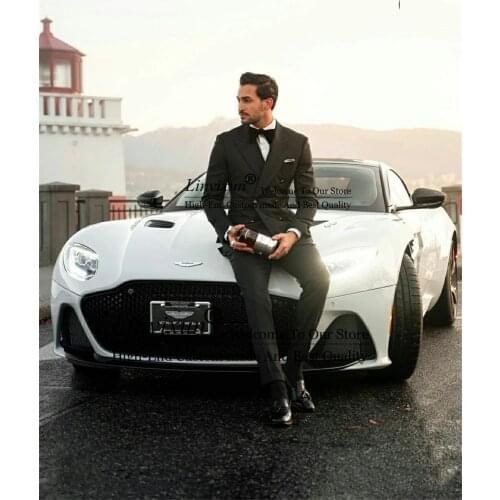 Handsome Black Groom Wedding Tuxedos Slim Fit Double Breasted Men Suits Prom Party Business Outfit 2 Pieces (Jacket+Pants)