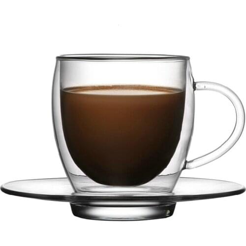 250ml coffee mug transparent double glass tea cup with saucer creative European style heat-resistant home drinking cup