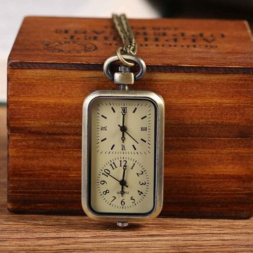 Quartz Pocket Watch With Chain Antique Rectangle Bronze Pocket Watch Double Time Display Zone Unisex For Birthday Gifts