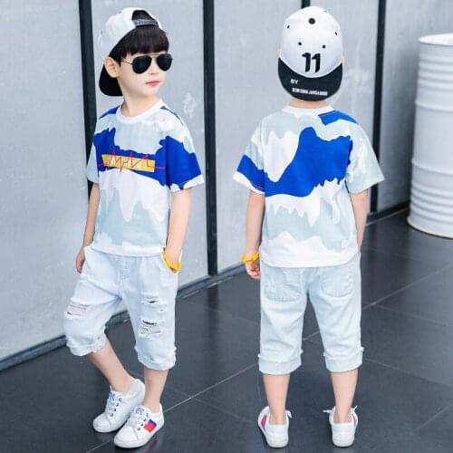 2020 Letters Children Summer Clothes 2 PCS T Shirt Denim Shorts Boys Clothing Sets Cotton Jeans Teenage Outfits Kids Costume