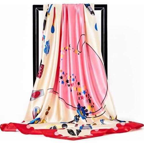 Fashion Silk Scarves For Women Heart Print Satin Hijab Scarf Female 90x90cm Square Kerchief Shawl Head Hair Scarfs For Ladies