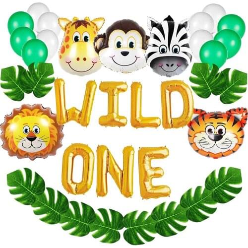 Wild One Balloon banner set Kids Baby Shower First Birthday Artificial palm leaves Safari Zoo Theme Party Tiger Monkey Lion