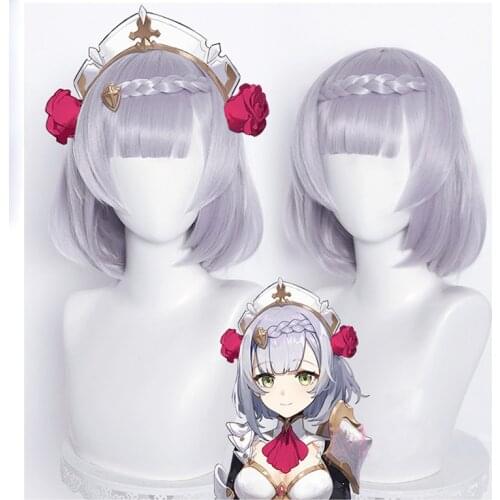Noelle Cosplay Genshin Impact Cosplay Wig 35cm Silver Purple Wig Cosplay Anime Wigs Heat Resistant Synthetic Wigs + Wig Cap