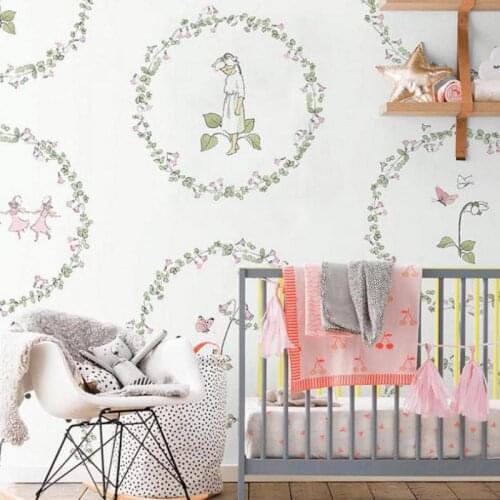 Custom size cartoon childrens room girl Nordic TV background wall wreath girly wallpaper purple green bedroom living room