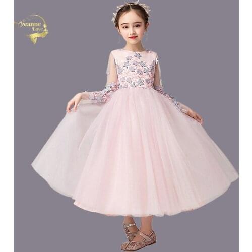 Popular Tulle Pink Flower Girl Dresses for Weddings Long Sleeves 3D Floral Applique First Communion Dresses Girls Pageant Gowns