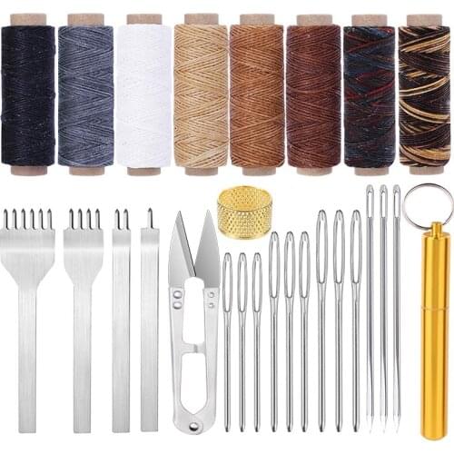 LMDZ 27Pcs Leather Prong Punch Sewing Tools Thread Thimble Large-Eye Stitching Sewing Needle for DIY Leather Working Supplies