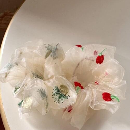 Fashion Pineapple Cherry Embroidery Scrunchie Mesh Elastic Hair Ties For Women Summer Girls Hair Band Elegant Hair Accessories