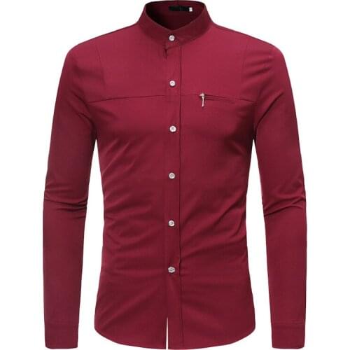 Wine Red Slim Fit Mens Shirts 2020 Brand Mandarin Collar Long Sleeve Dress Shirt Male Casual Business Shirt Camisa Masculina