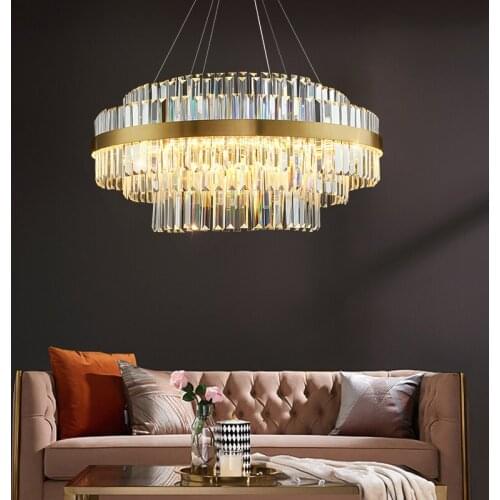 Modern Led Dimmable Led Pendant Lights Living Room Round Gold Metal Hanging Lamp Lustre K9 Crystals Suspend Lamp Led Droplight