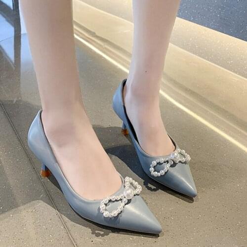 Rimocy Luxury Pearl Bow Thin Heels Pumps Women Blue Sexy Pointed Toe Party Shoes Woman Pu Leather Slip on Stiletto Heel Pumps