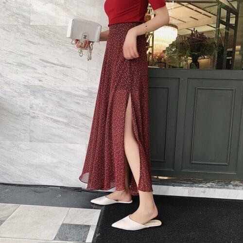 2021 Summer Retro Floral Chiffon Skirt New Sexy Slit High Waist Slim Casual Sweet Elegant Women A-line Long Skirt Free Shipping