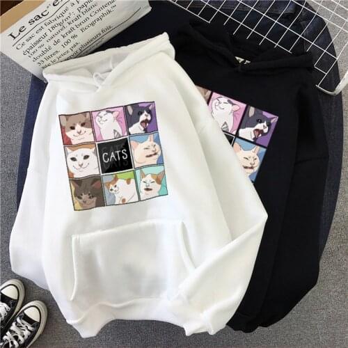 Women sweatshirt casual Harajuku Long sleeve Loose Korean cat hoodie Cute top print black solid vintage tee dropshipping clothes