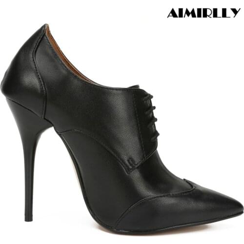 Elegant Womens Pointed Toe High Heels Ankle Boots Lace Up Laides Party Work Career Dress Shoes Formaml Footwear Big Size 16 17